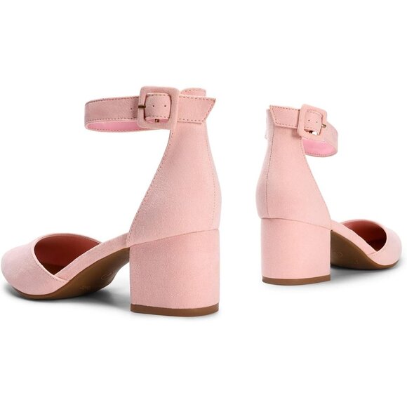 Dream Pairs Women's Pink Suede Pointed Closed Toe Low Block Ankle Strap Heels - Picture 5 of 7